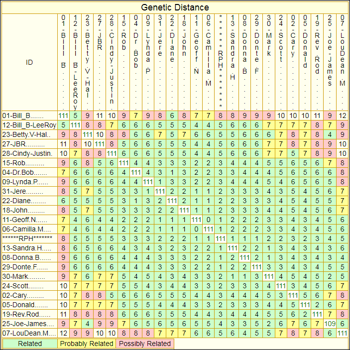 Genetic Distances, ALLEN Patrilineage 1, from 111-marker ySTR DNA Comparisons